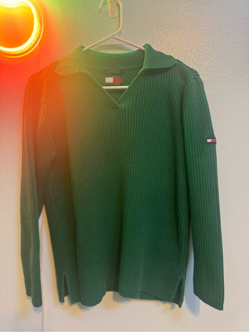 Vintage Tommy Hilfiger women’s  Green Ribbed Polo-Style Sweater